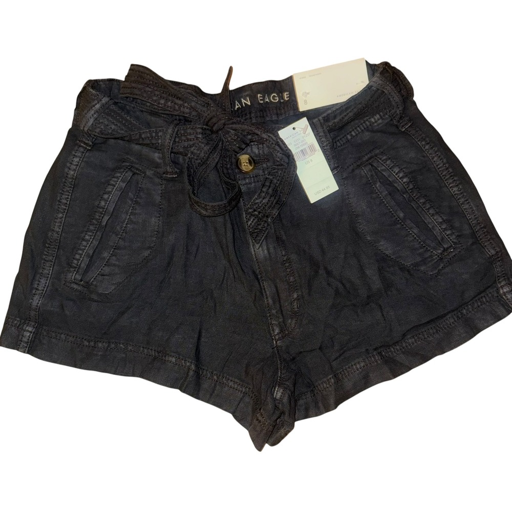 American Eagle Womens High Rise Linen Blend Tie Waist Shorts Black Size 8 NEW